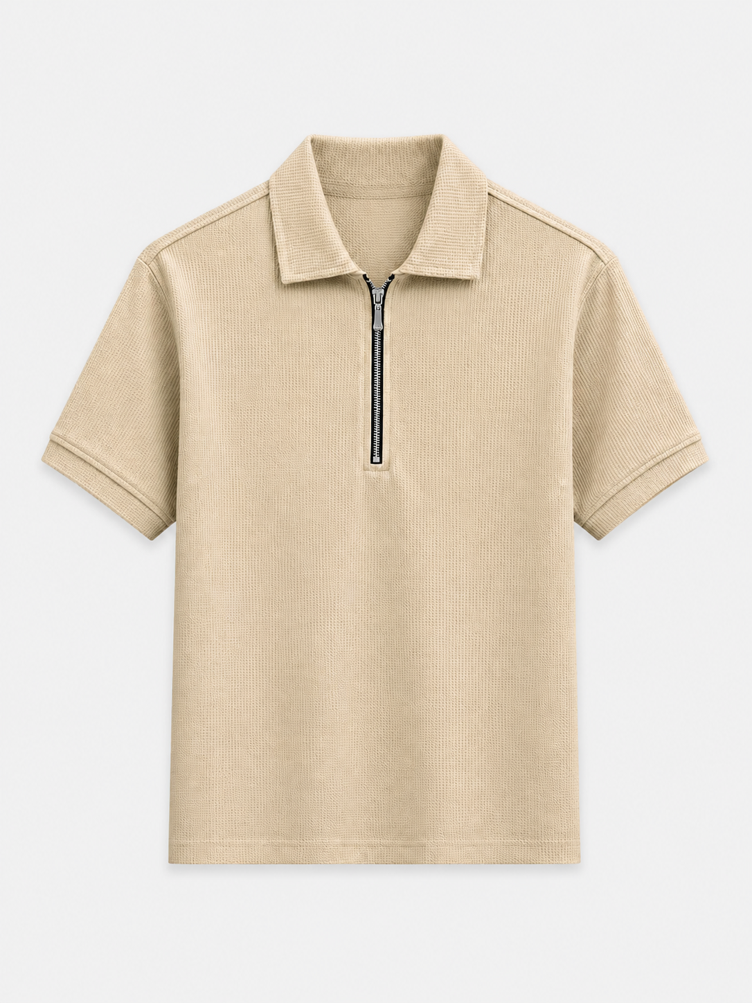 AM SIGNATURE WAFFLE KNIT HALF ZIP POLO SHIRT - BEIGE