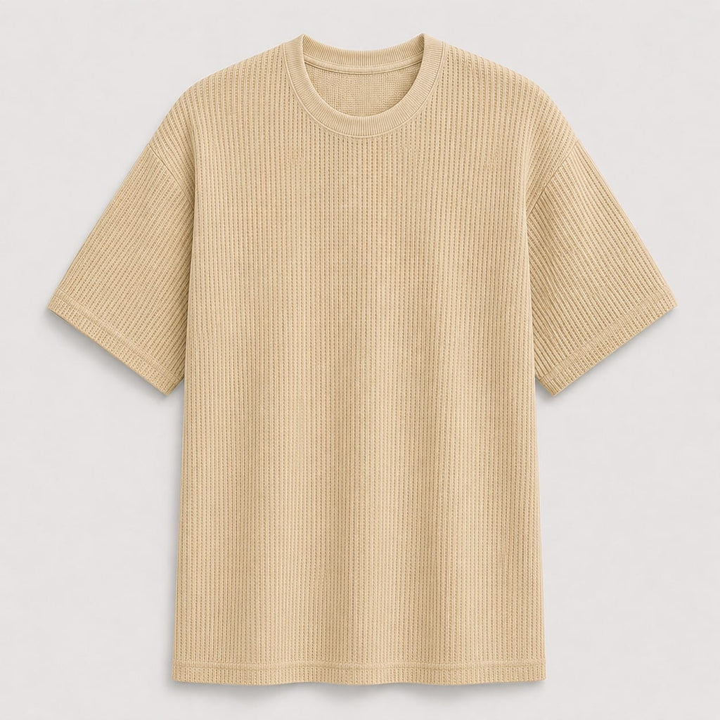 AM SIGNATURE WAFFLE KNIT OVERSIZED TEE - BEIGE