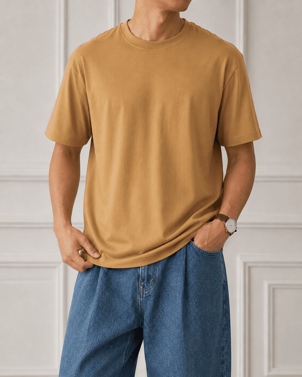 AM SIGNATURE OVERSIZED COTTON T-SHIRT - CAMEL BROWN