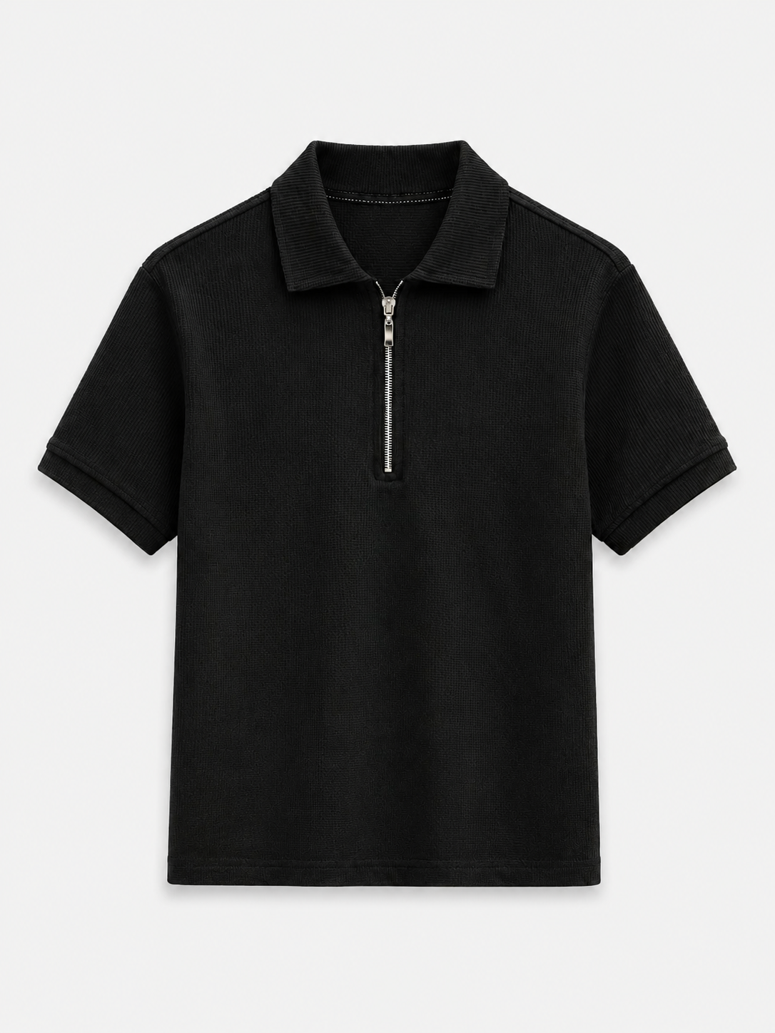 AM SIGNATURE WAFFLE KNIT HALF ZIP POLO SHIRT - BLACK