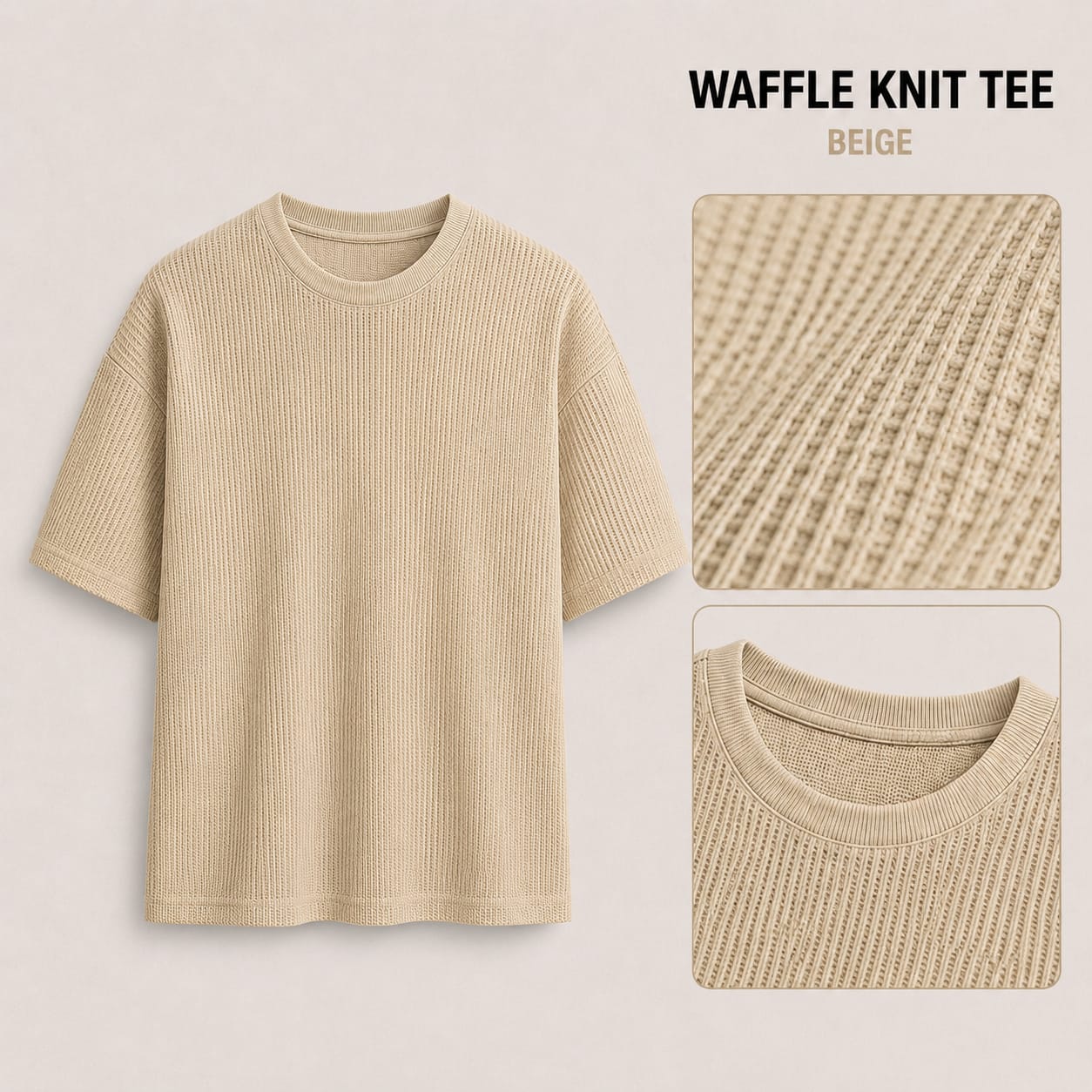 AM SIGNATURE WAFFLE KNIT OVERSIZED TEE - BEIGE
