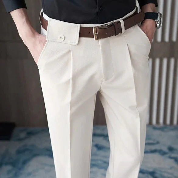 BEIGE PLEATED GURKHA PANT – BUTTON-TAB EDITION