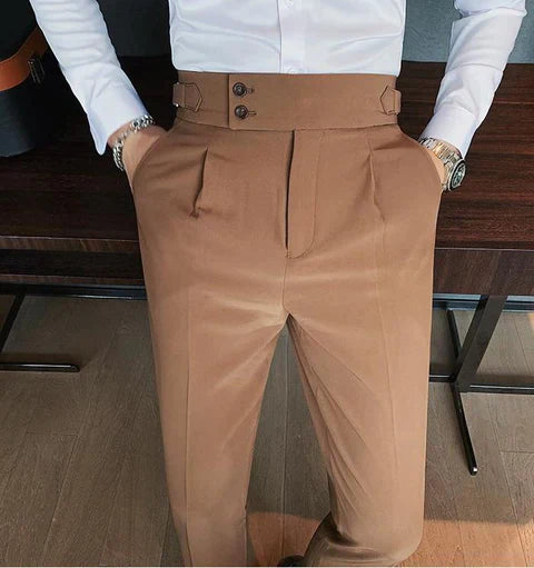 BROWN ITALIAN STYLE HIGH-WAISTED PLEATED GURKHA PANTS