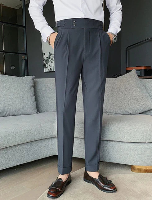 GREY ITALIAN STYLE HIGH-WAISTED PLEATED GURKHA PANTS
