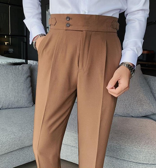 BROWN ITALIAN STYLE HIGH-WAISTED PLEATED GURKHA PANTS