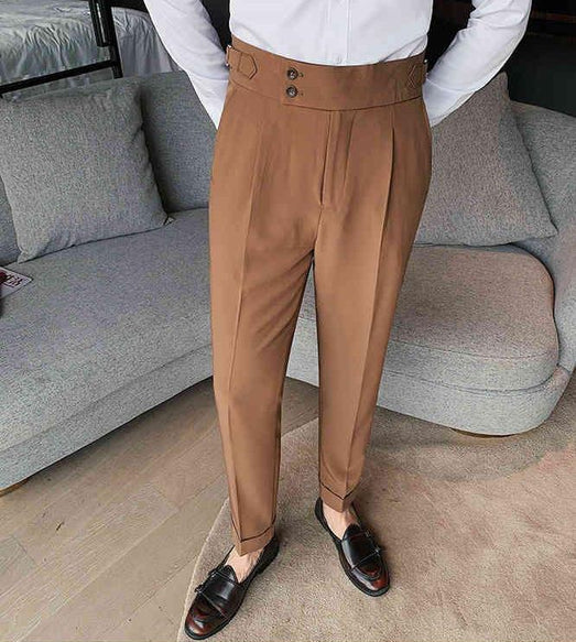 BROWN ITALIAN STYLE HIGH-WAISTED PLEATED GURKHA PANTS