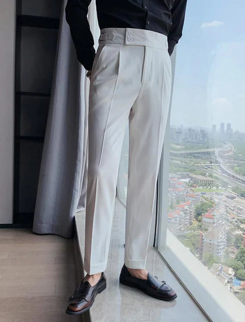 OFF WHITE ITALIAN STYLE HIGH-WAISTED PLEATED GURKHA PANTS