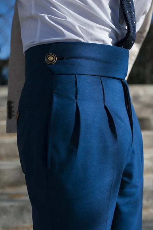 ROYAL BLUE HIGH-WAIST GURKHA PANTS – TRIPLE PLEATED DESIGN